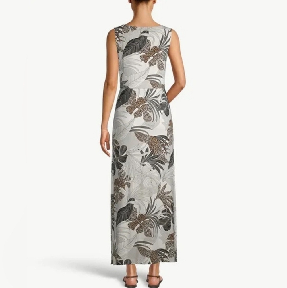 Chico’s Palm Print Stretch Maxi Dress Black Tan Sleeveless Size 8/10 - Picture 2 of 8